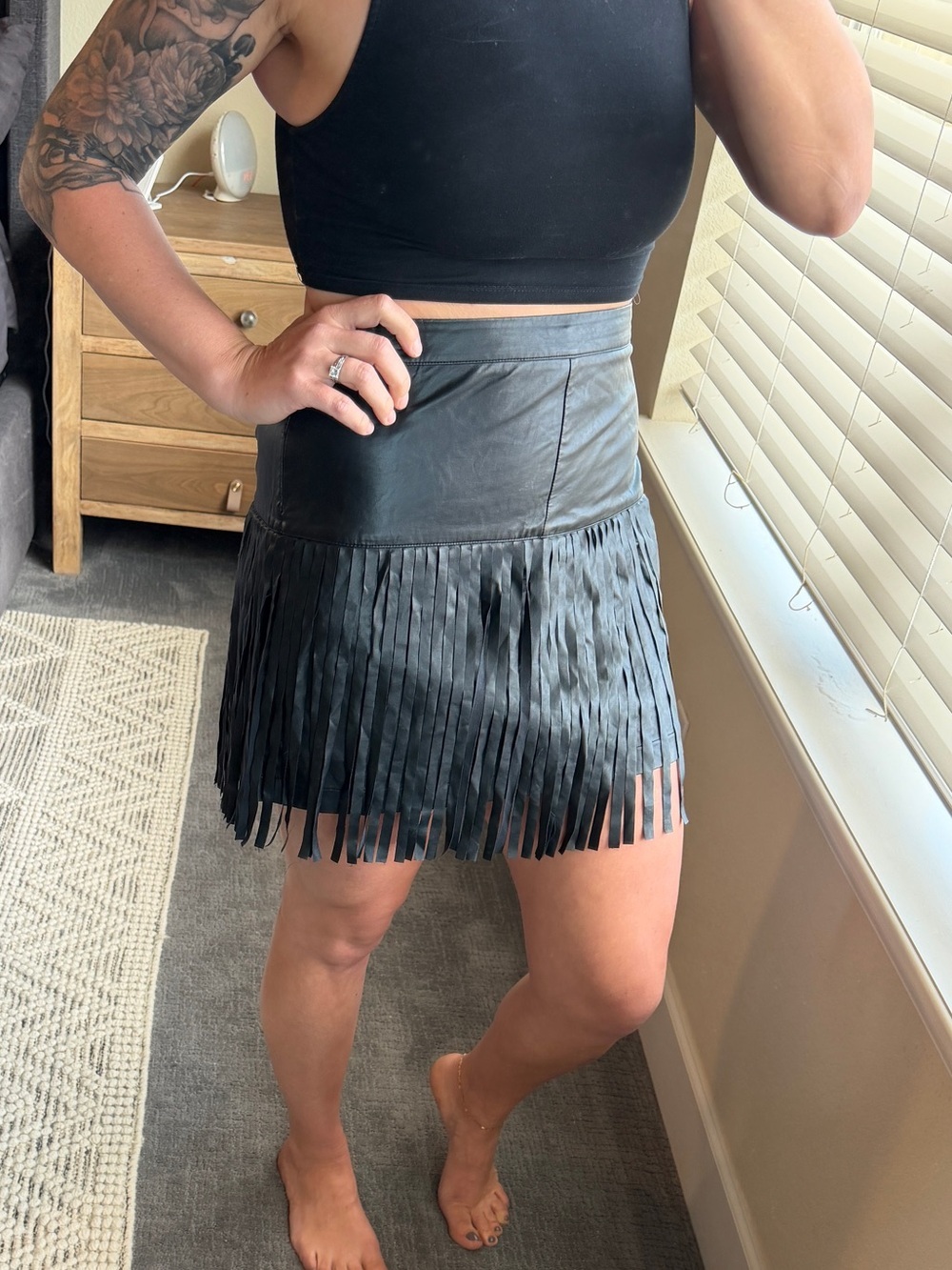 BONGO Black Faux Leather Fringe Mini Skirt